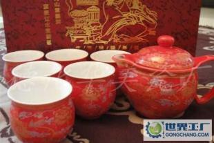 喜慶紅牡丹 頭雙層杯茶具，德化禮瓷中的功夫茶藝精品